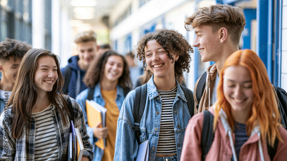Fototapeta premium Diverse high school students laughing and walking together. Teenagers socializing outdoors in casual urban setting with natural light.
