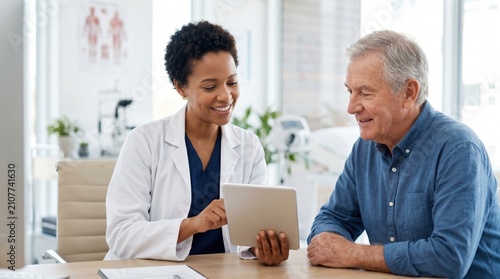 Female doctor showing medical results on tablet to elderly patient in clinic, personalized healthcare consultation, digital diagnosis, treatment planning, patient education, tru...