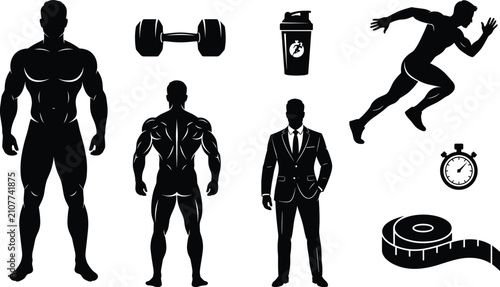 Bild auf Leinwand Fitness Body Transformation and Male Athlete Silhouette Icon Set with Corporate