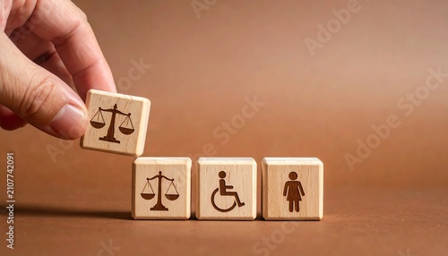 Equality Symbols on Wooden Blocks Held in a Hand on a Soft Brown Background