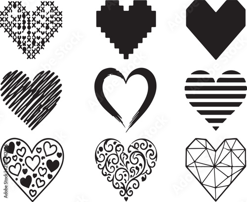 Set of nine black heart icons with different artistic design styles