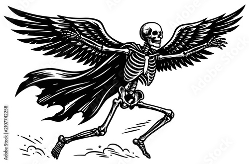 Konstfotografi Vintage style black and white illustration of a winged skeleton running with a c
