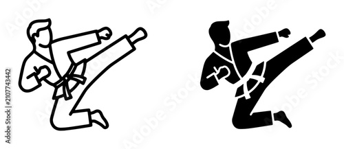 Foto Martial Arts Karate Kick Icons, Dynamic Fighter Silhouette, Combat Sports Vector