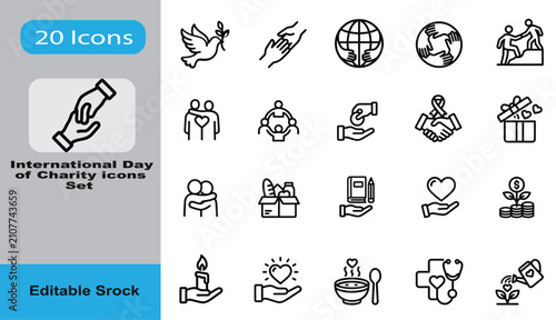 International Day Of Charity Icons Set Vector Line Art Symbols For Donation And Volunteer Projects