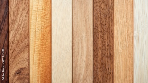 Various types of wood panels with different grains and colors arranged vertically.