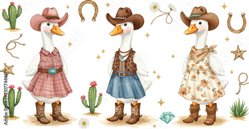 Three cute watercolor geese dressed as western cowboys wearing hats and boots surrounded by cactus and horseshoe icons on white background