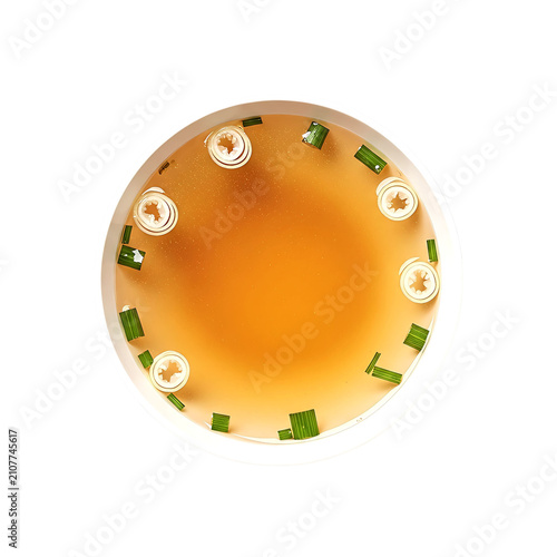 Clear glass bowl of beef consomme on transparent background
