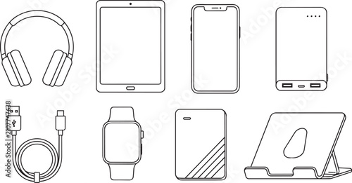 Set of electronic device icons in simple line art