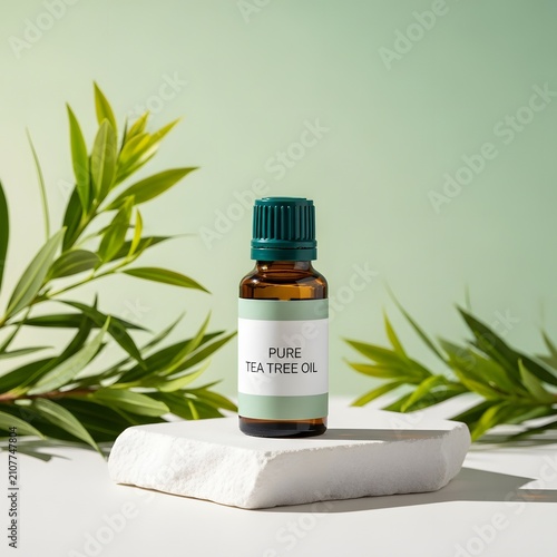 Small dropper bottle of natural essential oil with green leaves, essential