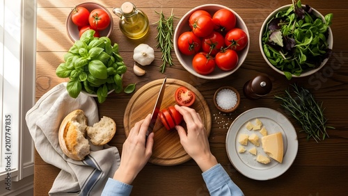 Person preparing fresh tomato salad in a rustic kitchen setting with preparation