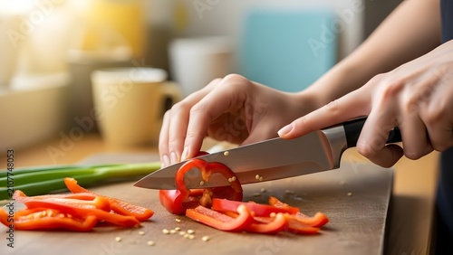 Close up of hands slicing a fresh red bell pepper on a wooden cutting board