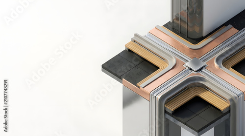 3D Render of Modern Architectural Facade Corner Detail with Metallic and Wood Materials