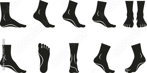 Human foot silhouette collection, anatomy and posture design, medical and artistic concept, black vector illustration showing different angles and views