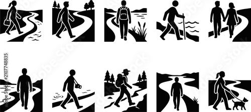 Walking trail and nature silhouettes collection, hiking and outdoor adventure design, travel and exploration concept, black vector illustration of people set