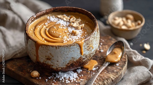 Rich peanut butter pudding dessert served in a rustic bowl with a sprinkle of sea salt