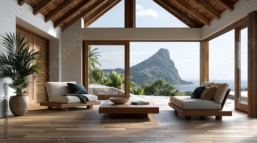 High end tropical wooden villa with open concept living, natural ventilation and scenic mountain landscape, ultra realistic architectural photography