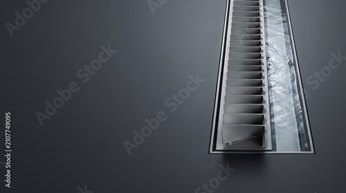 Modern minimalist linear drain channel with flowing water, 3D render
