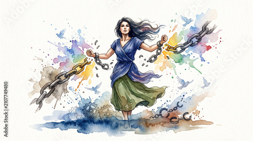 Watercolor Woman Breaking Chains Symbolizing Freedom Empowerment and Liberation Illustration