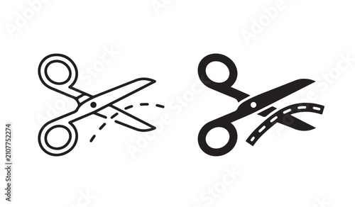 Bild auf Leinwand Scissors cut line icon set, open and closed scissor positions with dashed cutting paths, coupon border sign icons, line cutting vector illustration