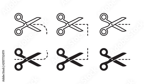 Foto Scissors cut line icon set, open and closed scissor positions with dashed cutting paths, coupon border sign icons, line cutting vector illustration