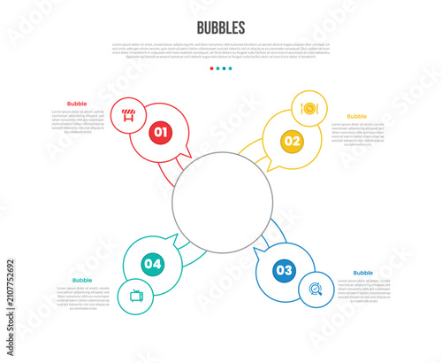 Bubbles infographic template with 4 point circle speech bubble connected around center circle for slide presentation