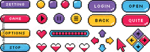 Fotografie Pixel art game user interface ui kit buttons login setting options loading bar v