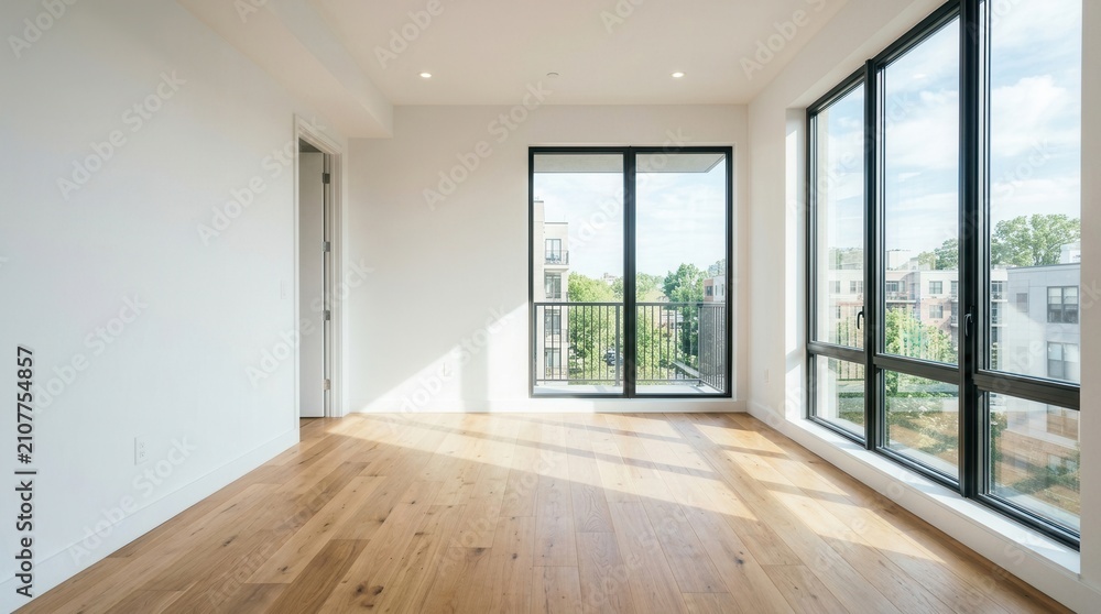 Fototapeta premium Modern Empty Room with Large Windows and Hardwood Floors.