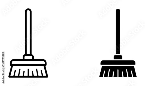 Simple Broom Icons, Cleaning Tools Vector Set, Household Maintenance Equipment Graphics, Black and White Hygiene Symbols