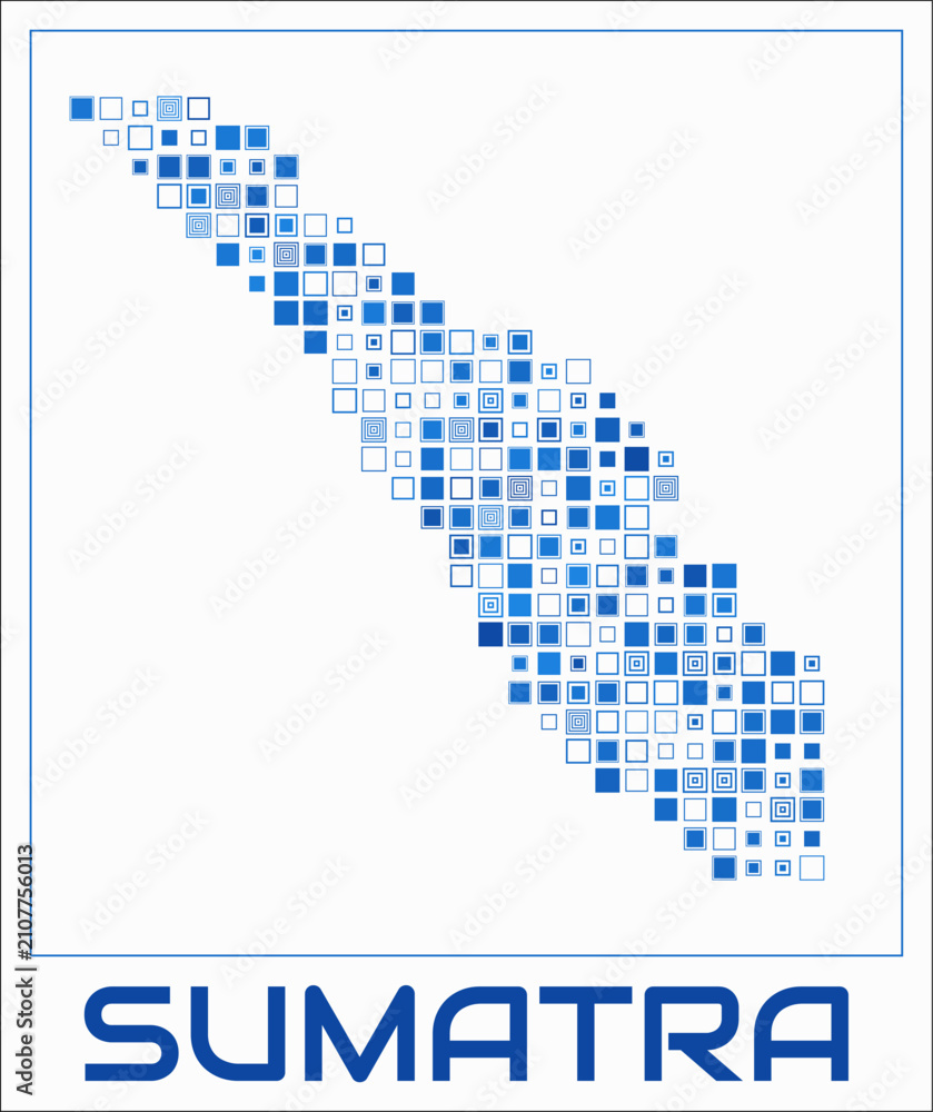 Fototapeta premium Sumatra digital style map. Large square dots on white background. Dotted shape of the island. Sumatra map and title. Classy vector illustration.