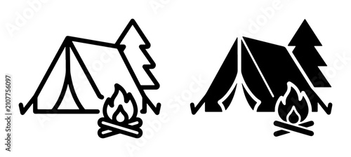 Schilderij op canvas Camping Icons: Tent, Campfire, and Pine Tree Vector Graphics, Outdoor Adventure