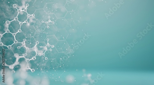 Abstract molecular structure on a teal background with bokeh effects.