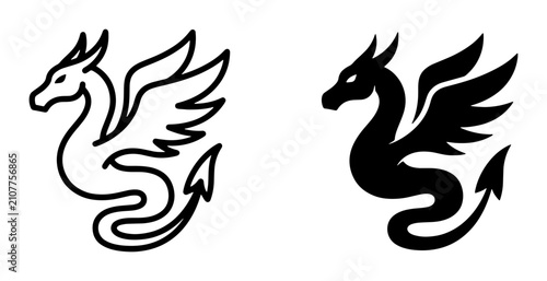 Photography Mythical Dragon Icons, Fantasy Creature Vector Graphics, Ancient Legend Symbols,