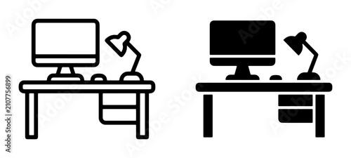 Modern Desk Setup Icons, Computer Workstation & Lamp Vector Graphics, Office Furniture & Technology Symbols