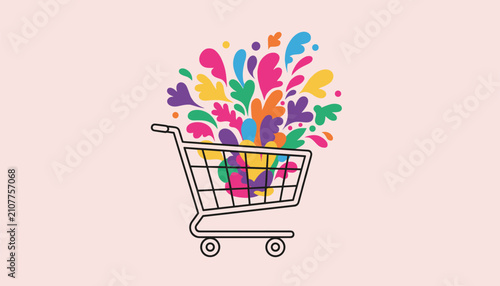 Wire shopping cart with colorful abstract leaves and paint splashes bursting out of it over a solid light pink background.