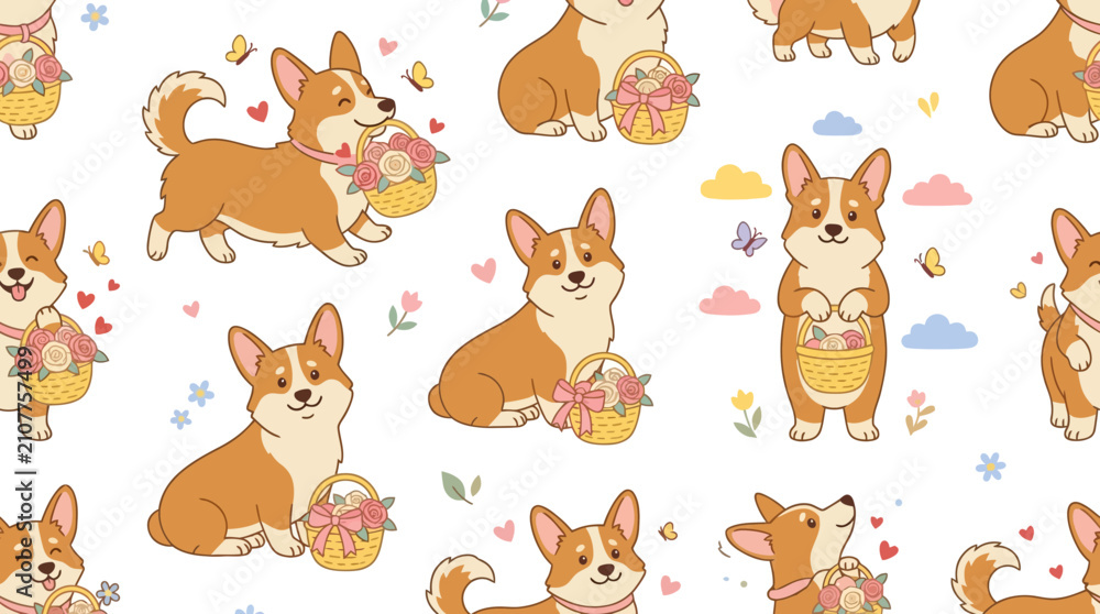Obraz premium Cute Corgi Dog Pattern, Spring Theme