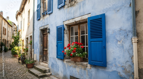 Charming blue house with wooden shutters and a flower box on a cobblestone street in a historic european village