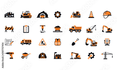 Vibrant collection of construction icons featuring heavy machinery, tools, and safety gear in flat vector style