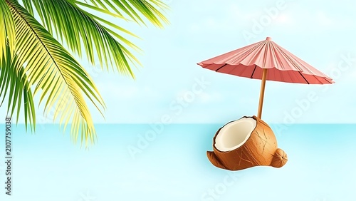 Tropical beach concept with coconut and sun umbrella.
