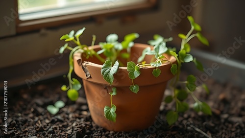 Broken terracotta pot with green vines sprouting from its cracks.