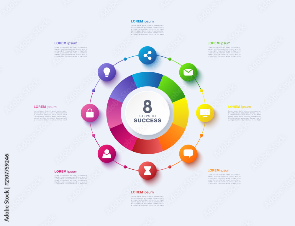 Obraz premium Circle infographic template design with 8 options or steps. Vector business template for process diagrams, presentations and workflows