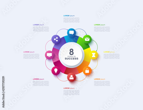 Vector infographic label design with circle infographic template design with 8 options or steps. Vector business template for process diagrams, presentations and workflows