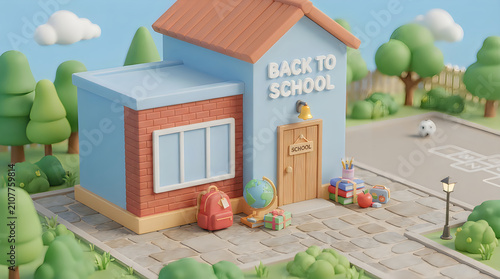 Miniature 3d school building with a backpack, globe, and books on a stone path