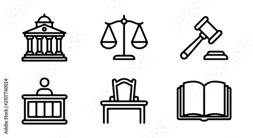 Cuadro en lienzo Law Icons Set: Justice, Courtroom, Gavel, Scales, Judge, Book