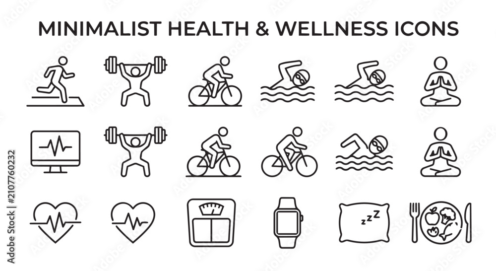 Fototapeta premium Minimalist health and wellness line art icon set for fitness tracker and active lifestyle concepts with wellness