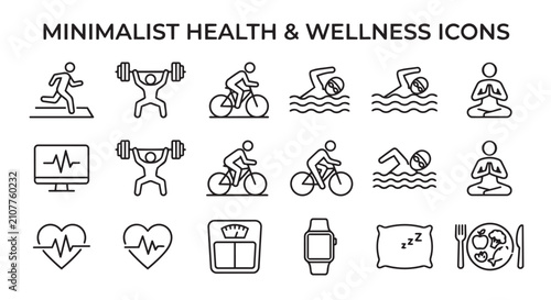 Minimalist health and wellness line art icon set for fitness tracker and active lifestyle concepts with wellness