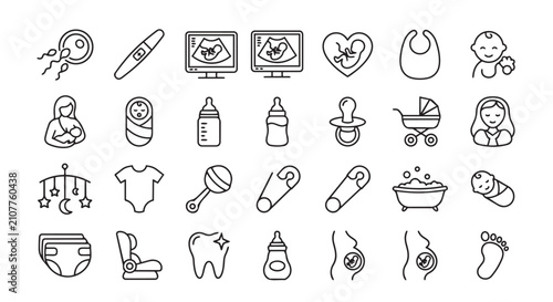 Foto Newborn and infant care line art icons for baby wellness and pregnancy journey w