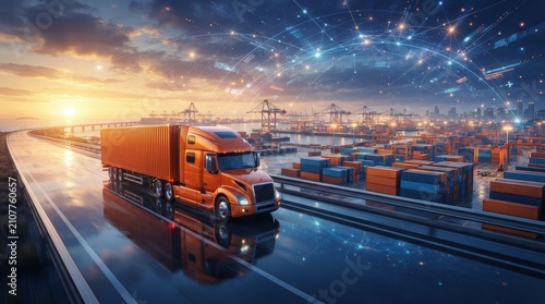 Orange semi-truck driving on a bridge by a cargo port at sunset. Represents global logistics and supply chain.