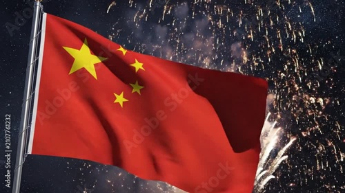 Chinese flag waving with fireworks in the night sky celebration