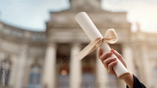 Young woman s hand proudly holding a graduation diploma tied with an elegant ribbon, prestigious university building softly blurred behind, education