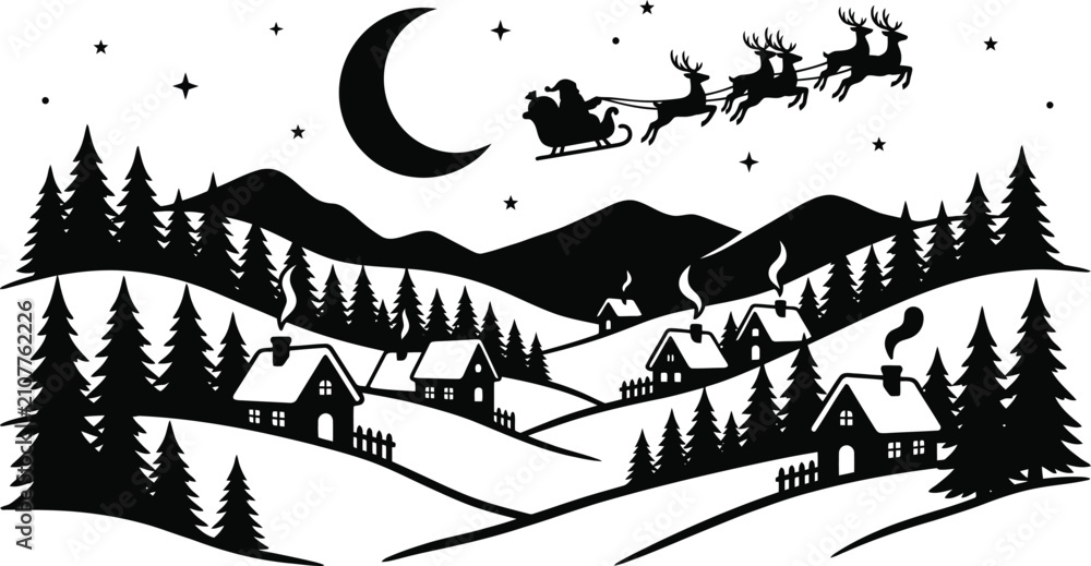Obraz premium christmas village landscape with santa claus sleigh and reindeer silhouette vector graphic element isolated on white background
